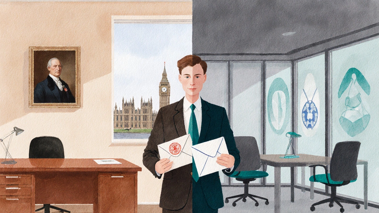 Candidate weighing a government job offer against a private sector offer in a split‑scene painting.