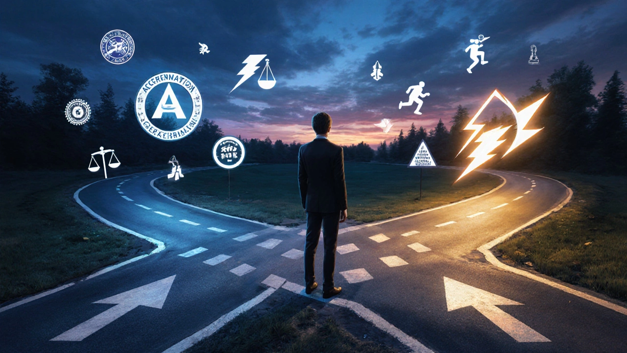 Crossroads scene showing balanced path of accreditation versus fast‑track symbols.