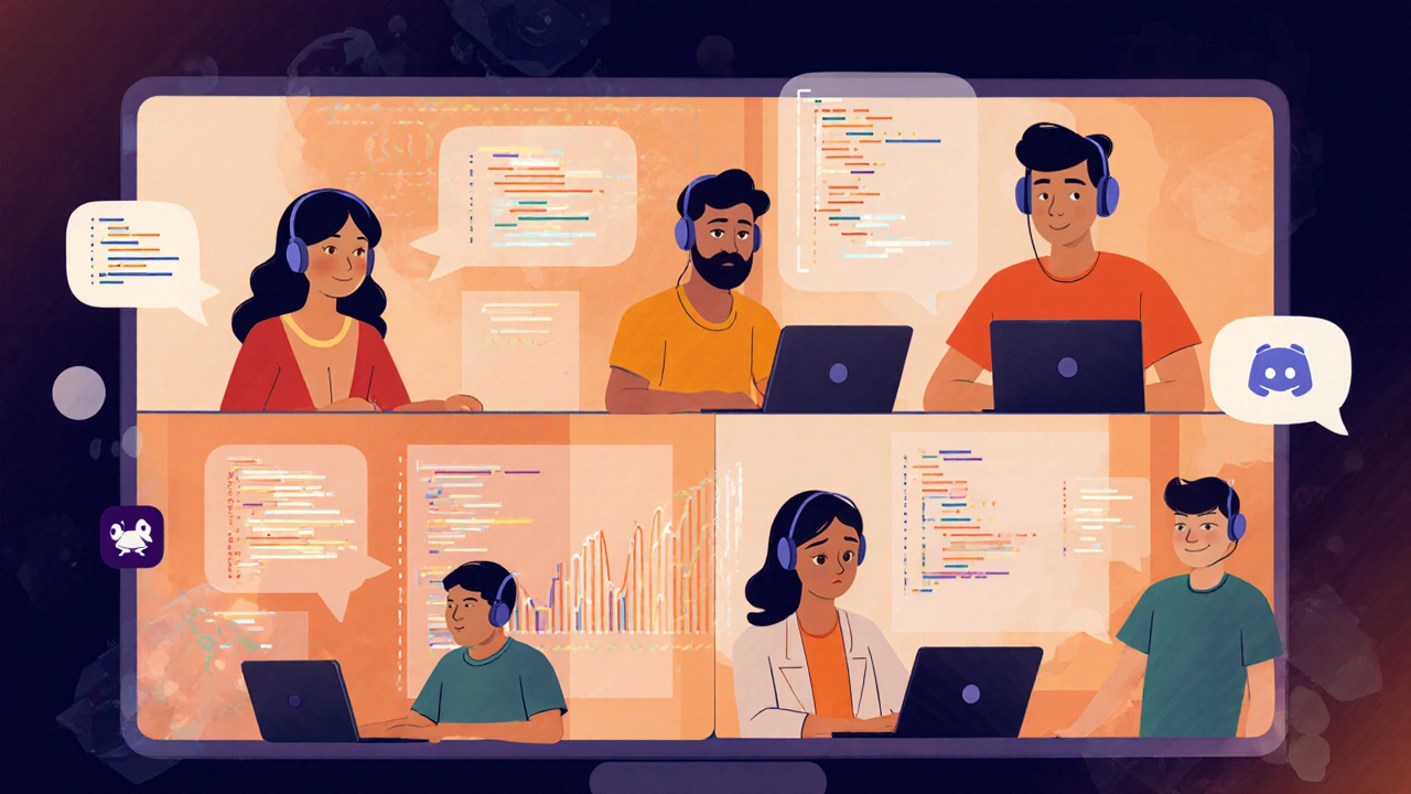 Digital painting of diverse developers video‑chatting and coding together online.