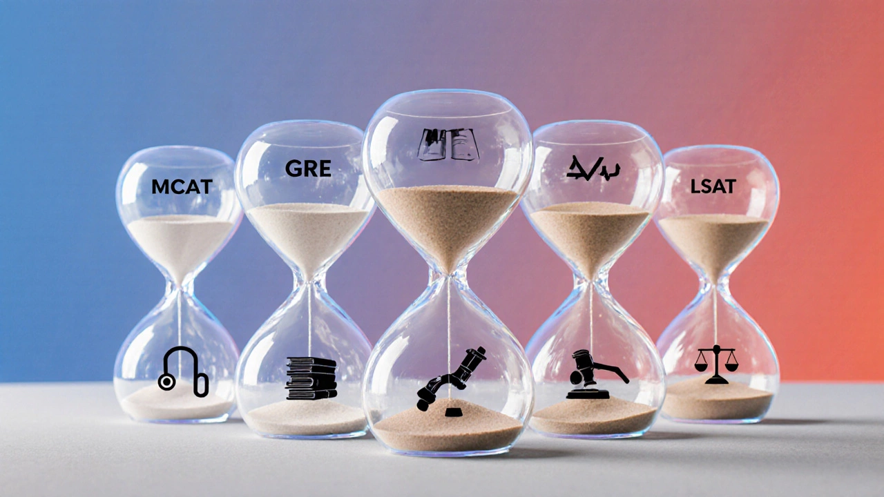 Five hourglasses with icons representing major exams, MCAT filled with the most sand.