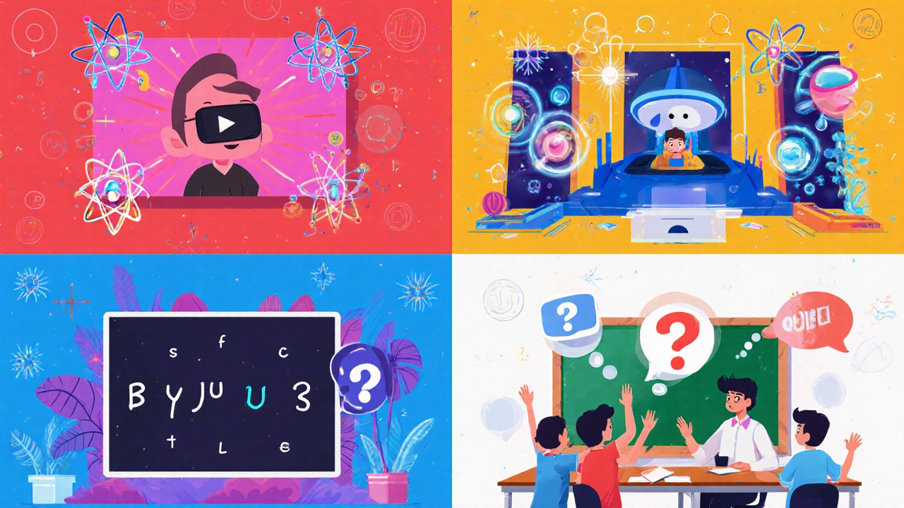 Four illustrative panels showing different JEE coaching platform styles.