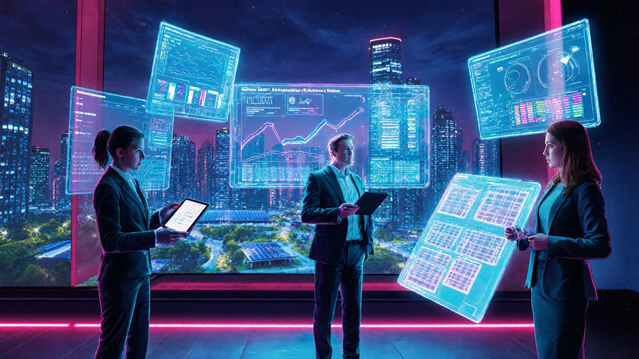 Futuristic control room with data analyst, climate coordinator, and housing manager surrounded by holographic displays.