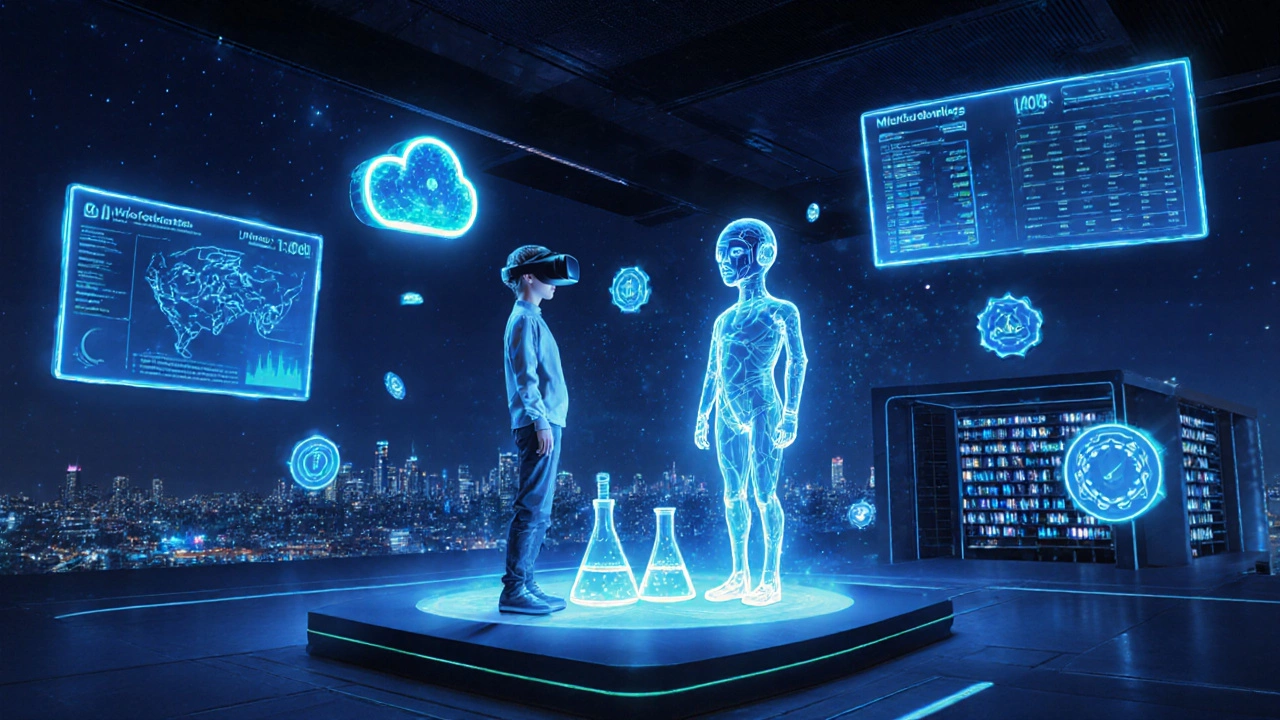 Futuristic student using VR headset with AI tutor and holographic labs.