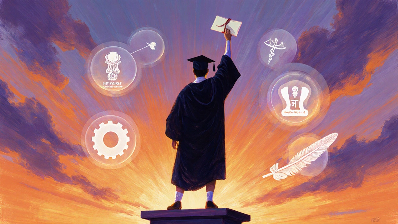 Graduate on podium with floating icons of major Indian exams.