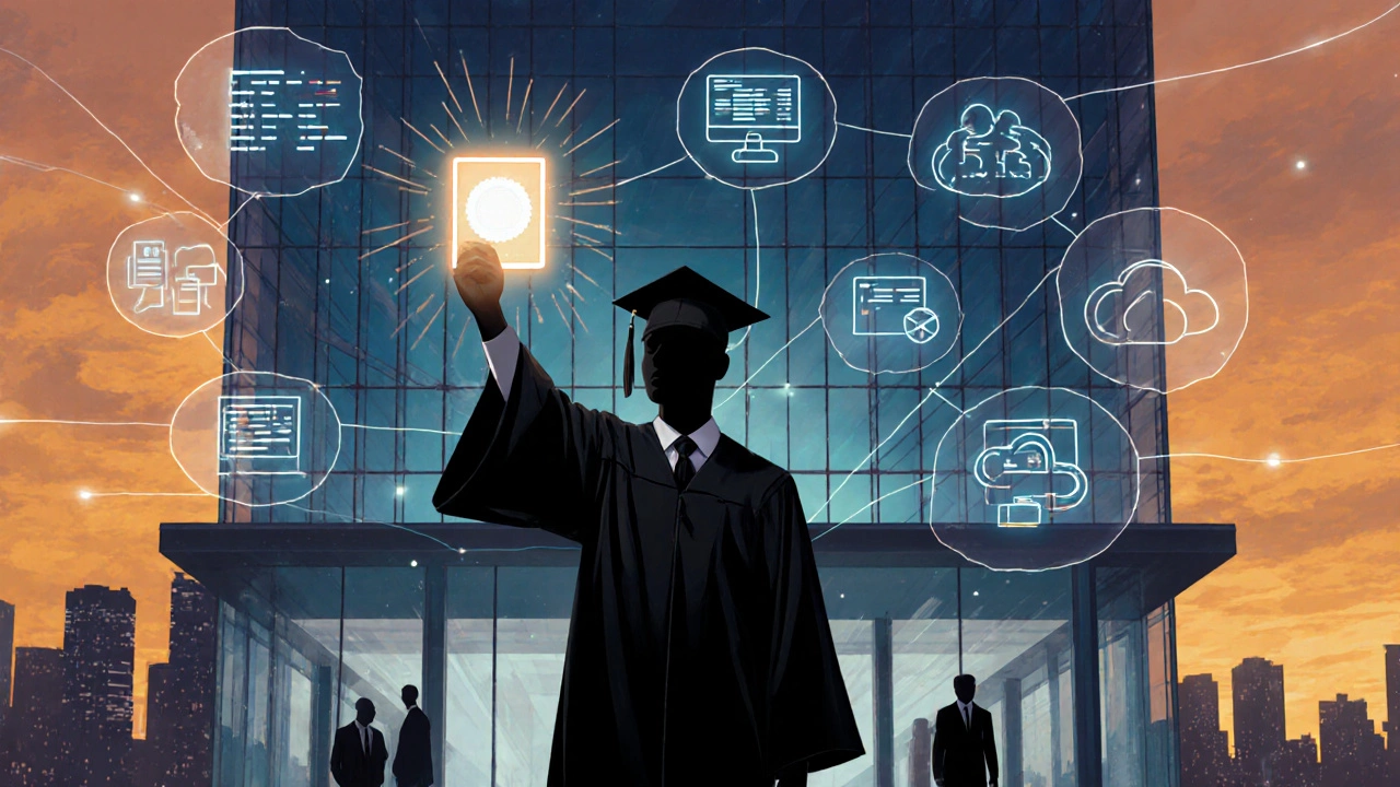 Graduate with glowing certificate connecting to recruiters in a cityscape.