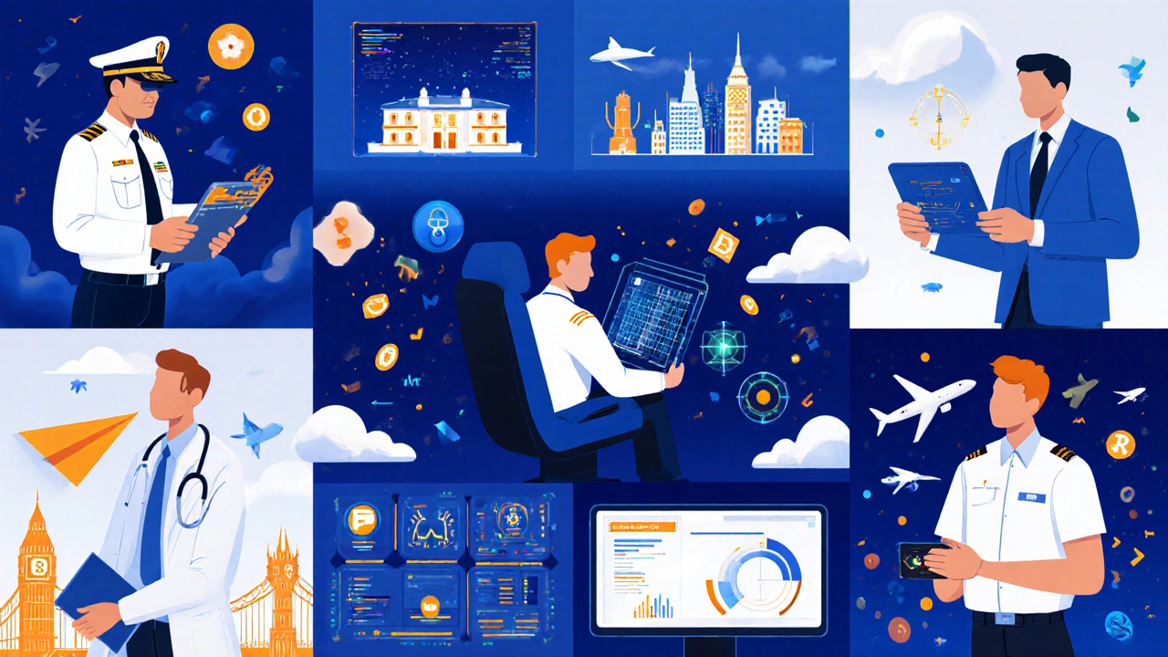 Illustrated collage of pilot, broker, pharma rep, tech sales engineer, marketer, nuclear operator, air traffic controller, and data analyst.