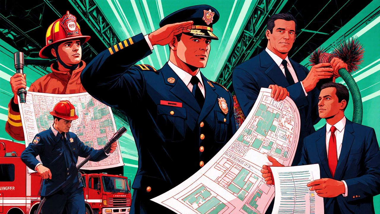 Illustrated collage of police chief, fire chief, urban planner, engineer, works director, treasurer, and manager.