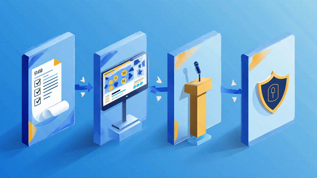 Illustrated four‑stage recruitment pipeline with icons for application, test, interview, and security.