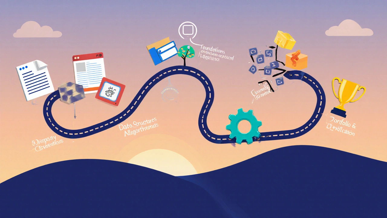 Illustrated roadmap with icons for learning milestones along a winding path.