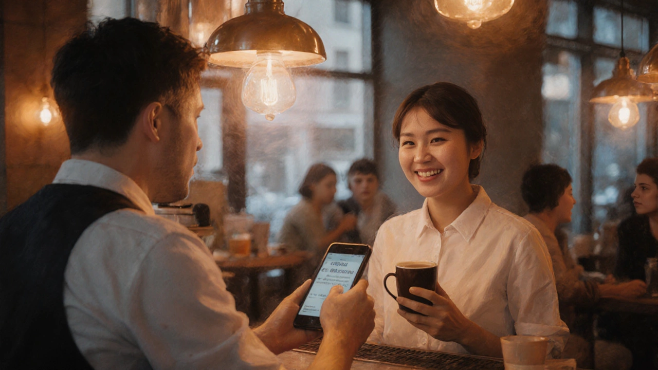 Learner confidently ordering coffee in a café with warm lighting.