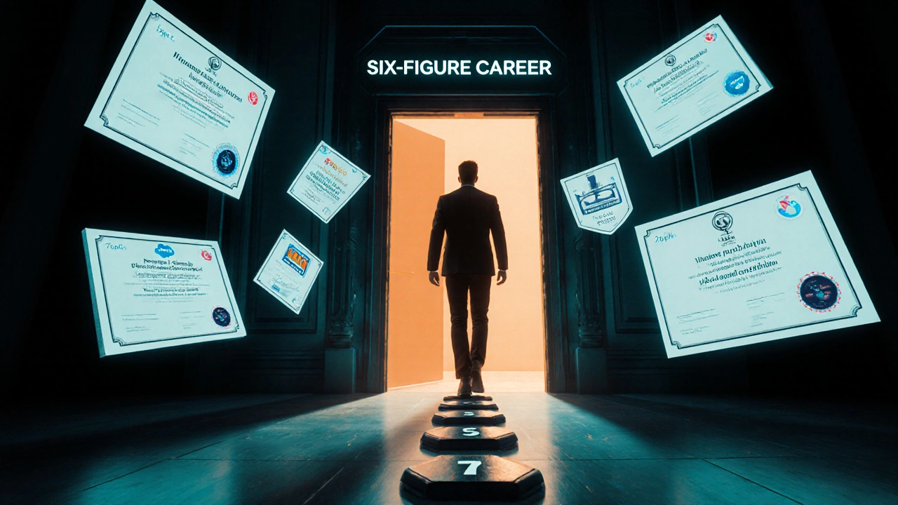 Person entering a doorway labeled &quot;Six‑Figure Career&quot; with floating certification badges lining the hallway.