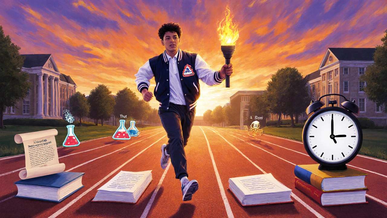 Runner on a track made of textbooks, passing symbols of MCAT sections at sunrise.
