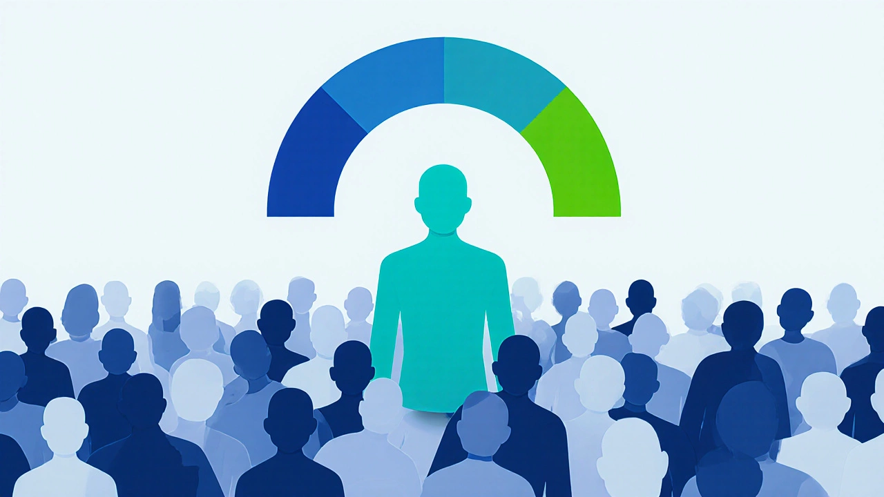Silhouette of a test‑taker highlighted above a crowd, surrounded by a percentile gauge.
