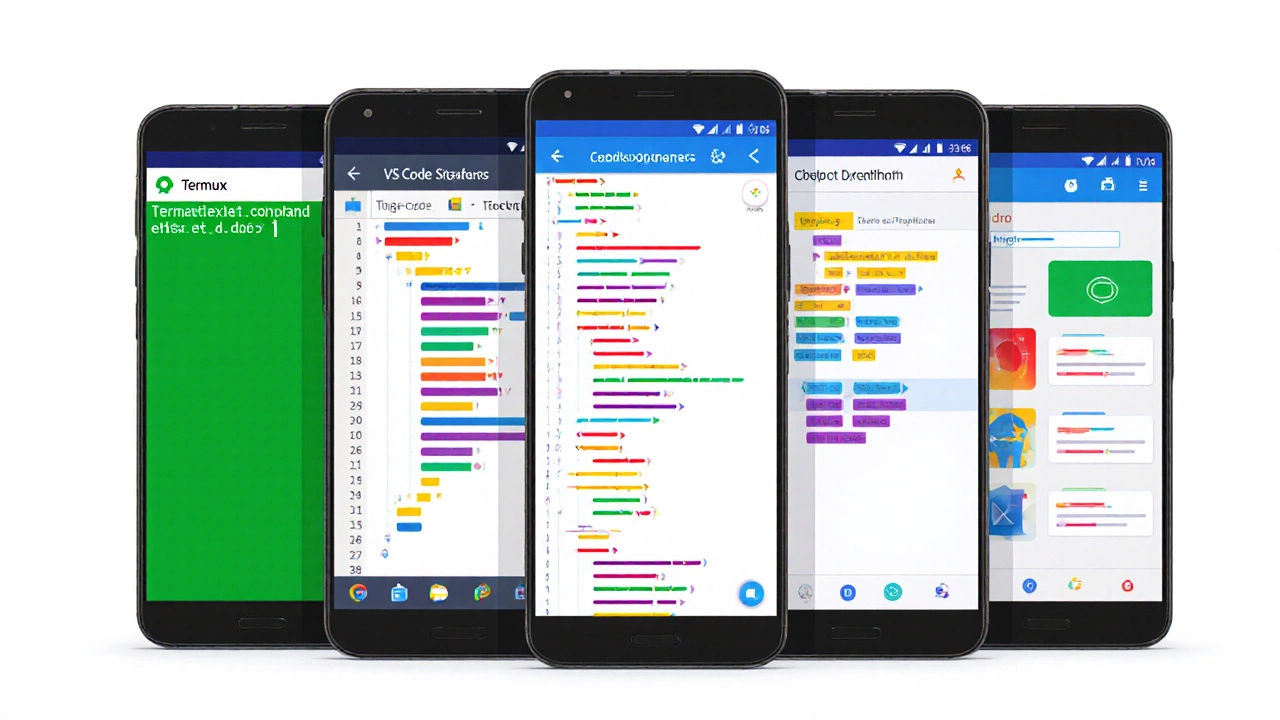 Smartphone divided into panels showing UI of five mobile coding apps.