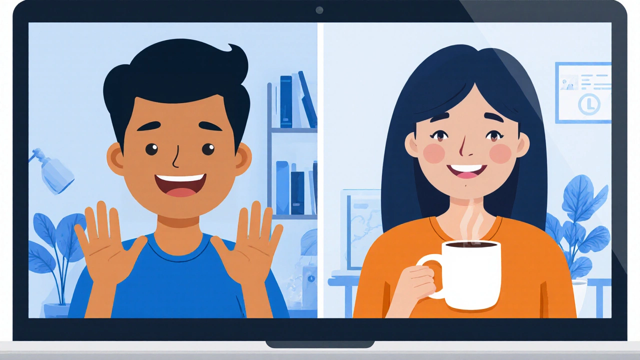 Split‑screen video call showing a learner and native speaker chatting.