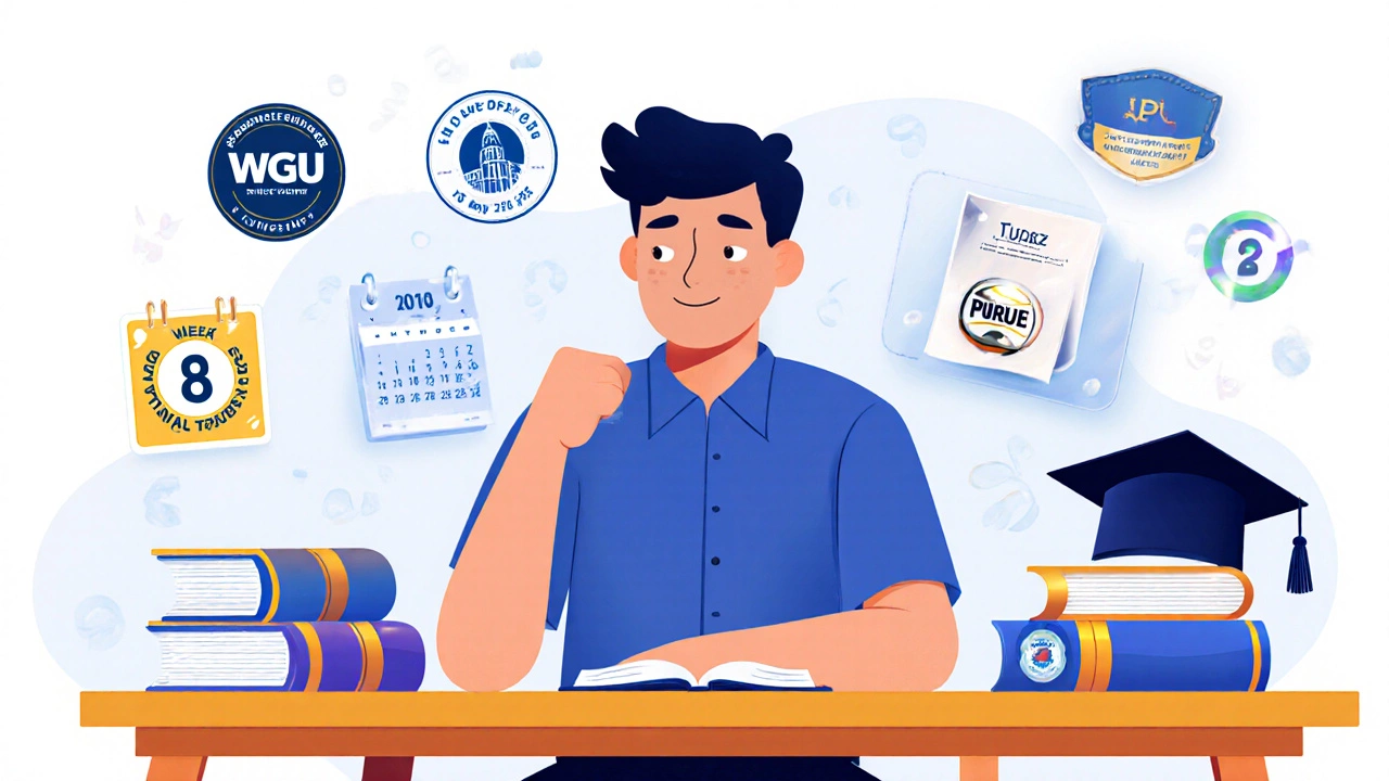 Student at desk with 8‑week calendar, CLEP badges, and progress bar toward graduation.