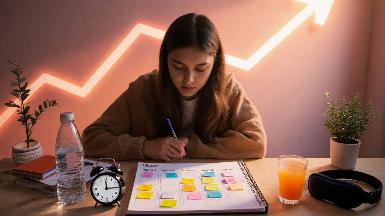 Student surrounded by study planner, clock, and upward progress visual, indicating preparation.