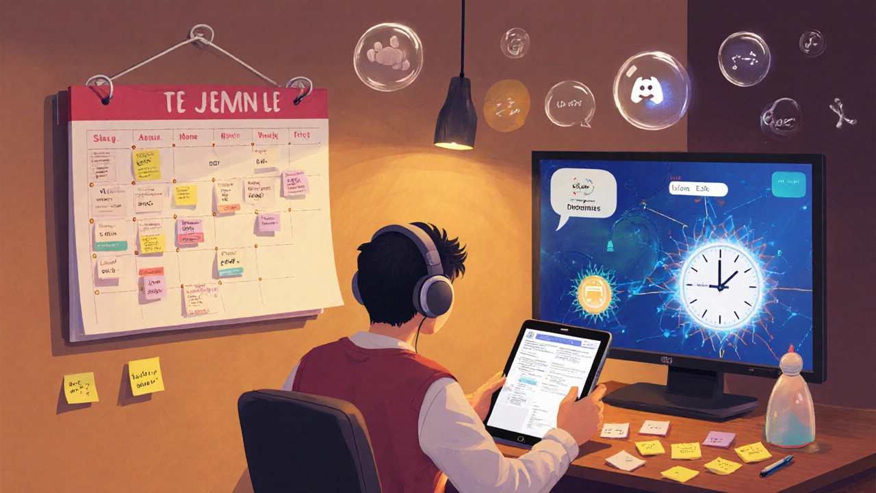 Study setup with calendar, mock test tablet, simulation screen, and chat bubbles.