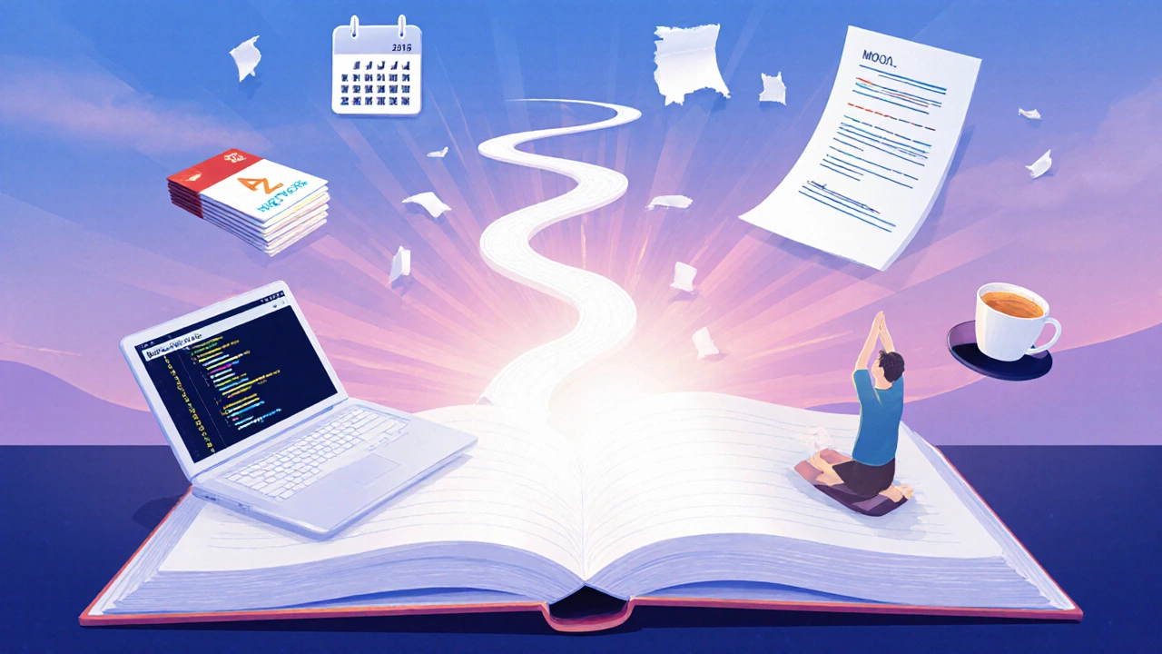 Surreal digital art of a glowing study path surrounded by flashcards, calendar, laptop, and meditation.