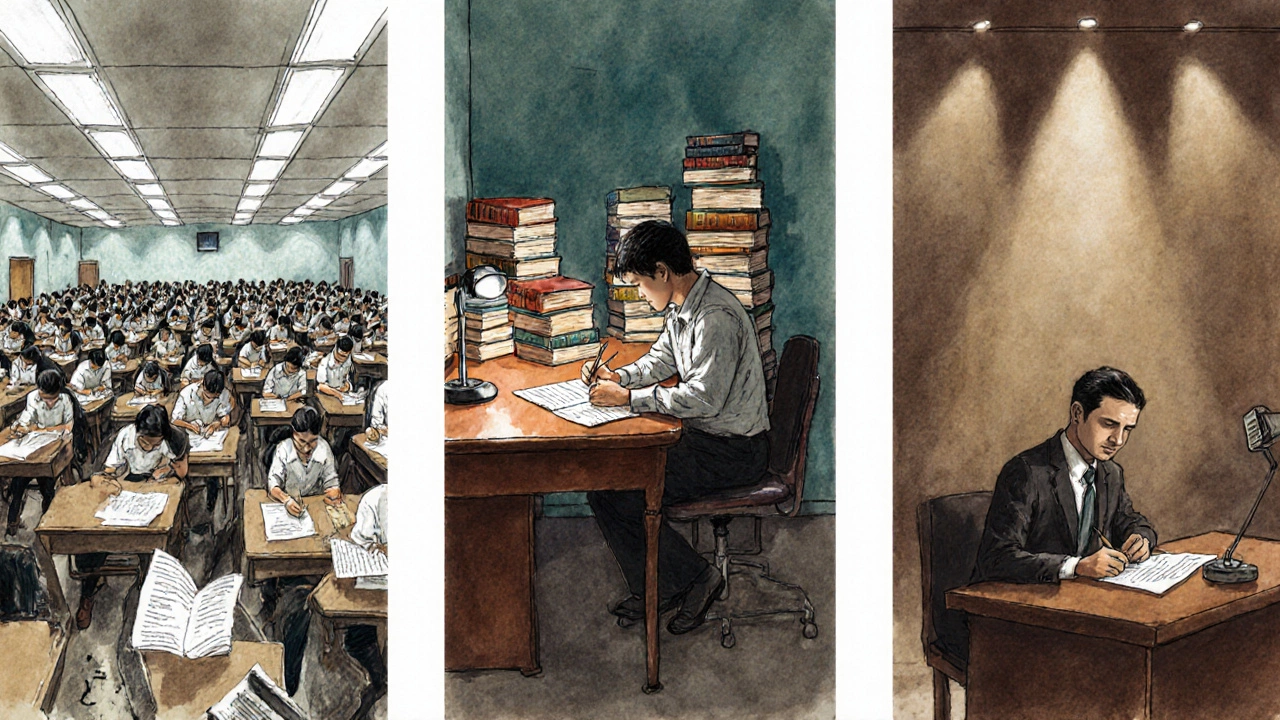 Three‑panel illustration showing UPSC prelims hall, a student writing mains answers, and an interview scene.