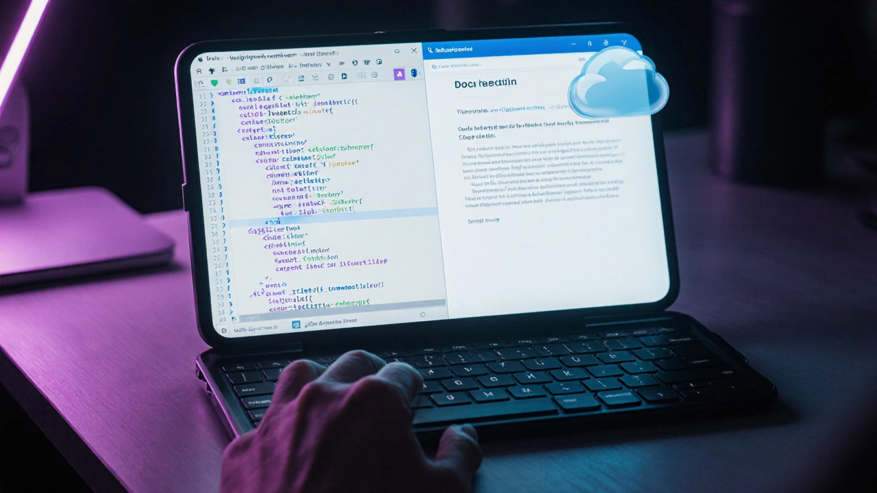 User with Bluetooth keyboard using phone in split-screen coding setup with cloud sync.